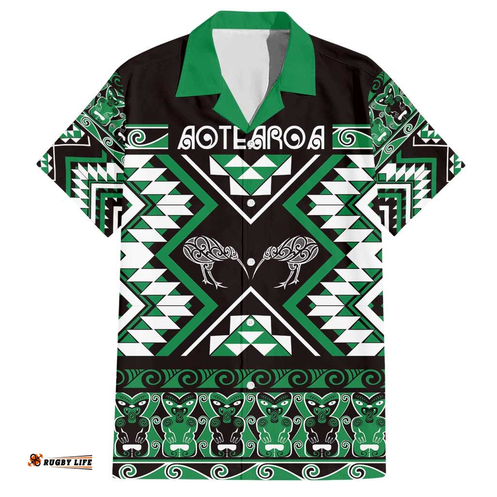 Personalised Taniko Motifs Aotearoa Hawaiian Shirt Waitangi Kowhaiwhai Kiwi - Green LT7