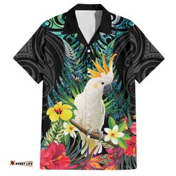 Sulphur-crested Cockatoo New Zealand Hawaiian Shirt Paua Shell Aotearoa Maori Tropical Flowers LT14