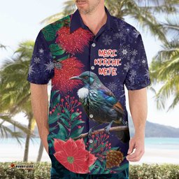 Tui Meri Kirihimete Personalised Hawaiian Shirt Pohutukawa Flowers Blue Motif LT9