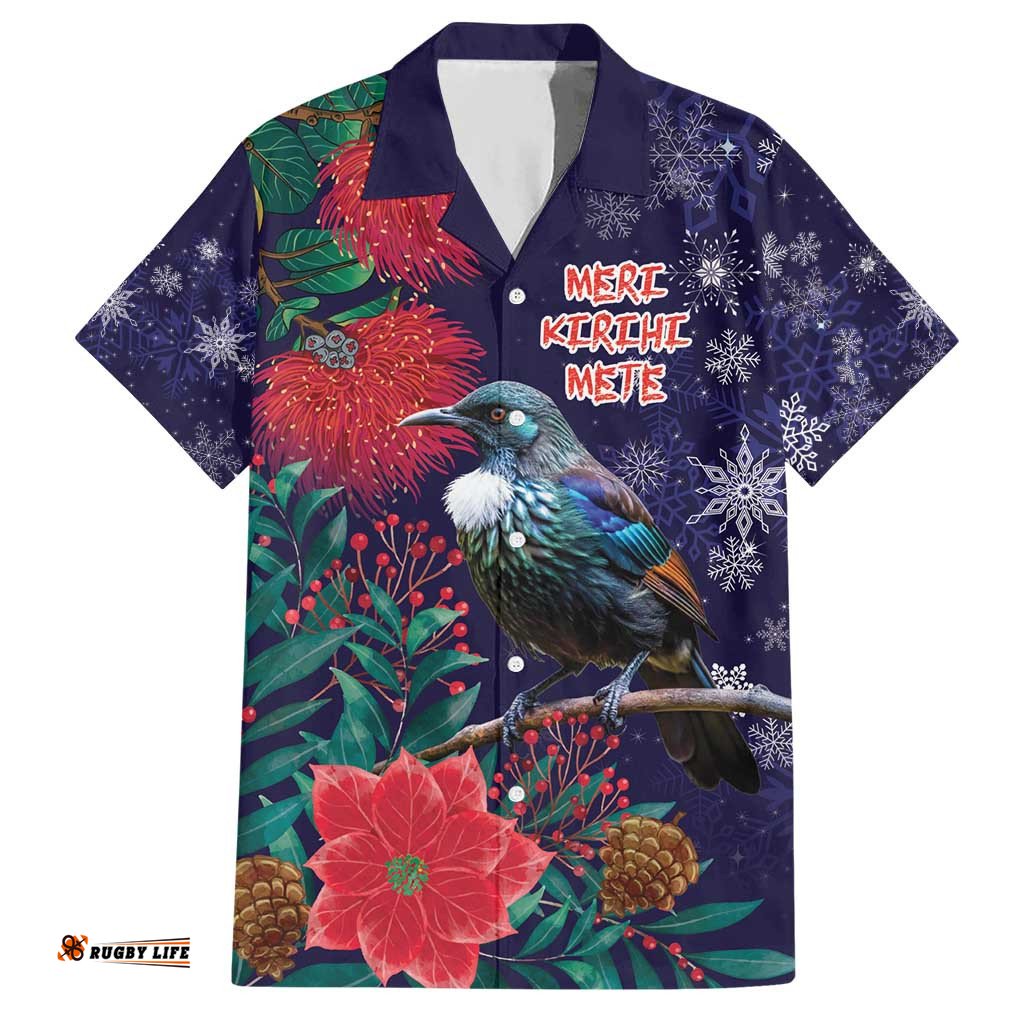 Tui Meri Kirihimete Personalised Hawaiian Shirt Pohutukawa Flowers Blue Motif LT9