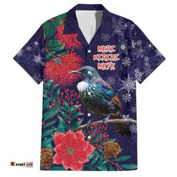 Tui Meri Kirihimete Personalised Hawaiian Shirt Pohutukawa Flowers Blue Motif LT9