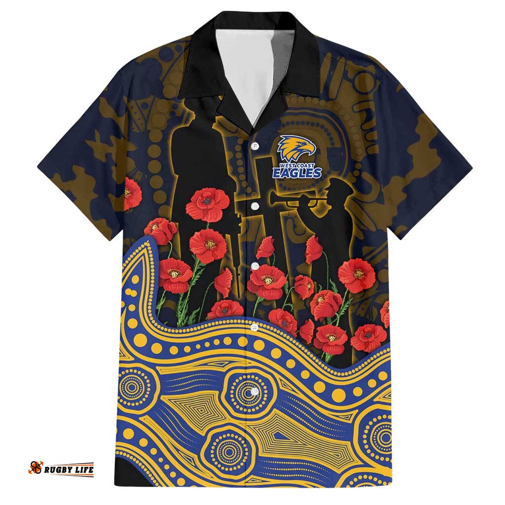 West Coast Eagles ANZAC Day Hawaiian Shirt Indigenous Dot Art with Poppy Flower Tribute TS04