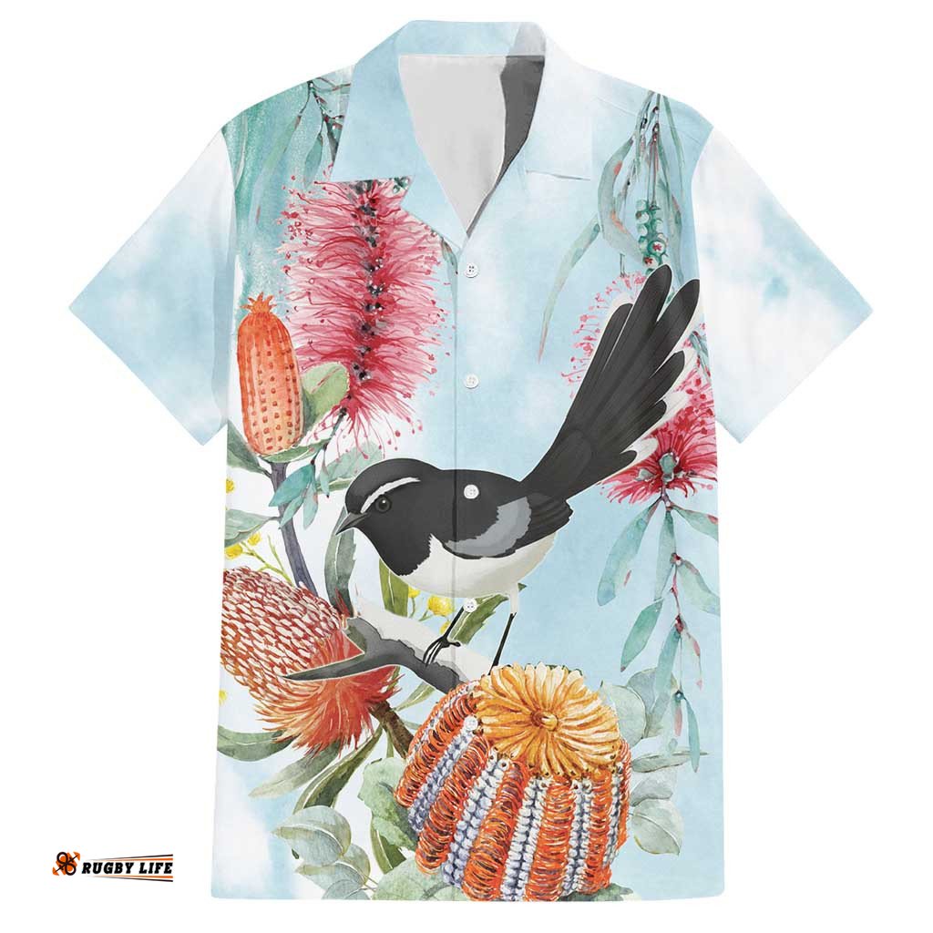 Willie wagtail Australia Hawaiian Shirt Banksia Bottlebrushes Watercolor Stylized LT14
