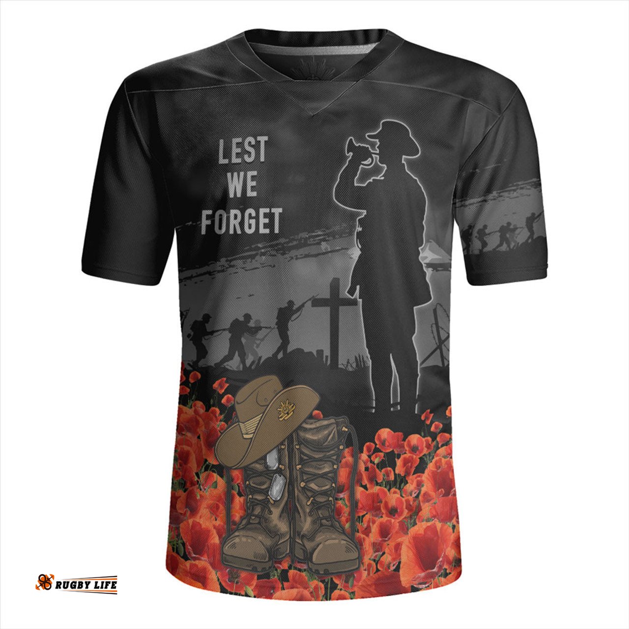 Australia V-Neck Rugby Jerseys Lest We Forget Hat And Boots Design Poppy Flower