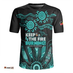 Australia V-Neck Rugby Jerseys Naidoc Week 2024 Indigenous Keep The Fire Burning Aboriginal Gum Leaf Painting Turquoise