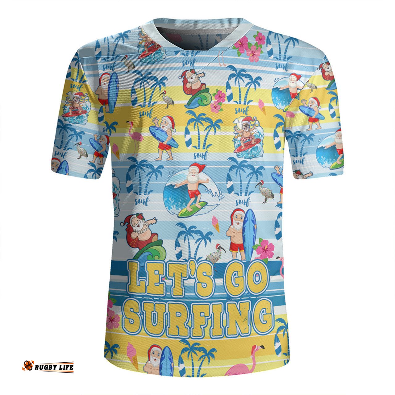 Australia Surfing Christmas V-Neck Rugby Jerseys - Tropical Santa Let's Go Surfing V-Neck Rugby Jerseys