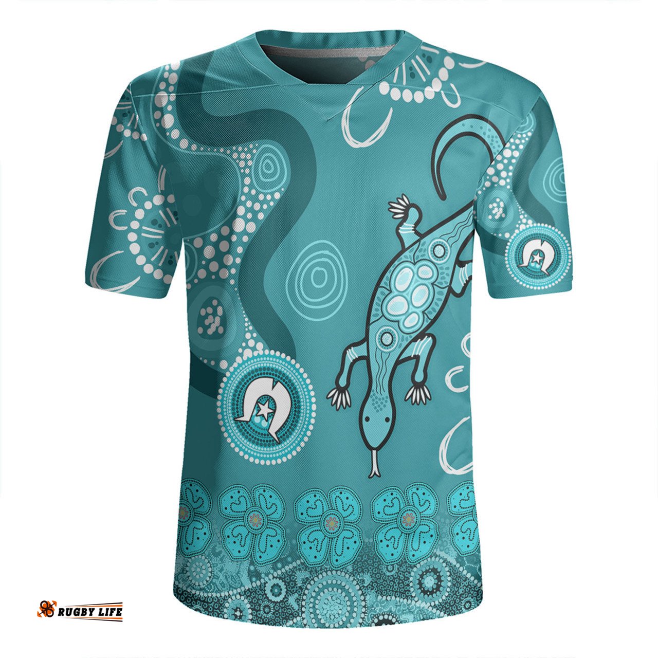 Australia Goanna Aboriginal V-Neck Rugby Jerseys - Indigenous Dot Goanna (Teal Blue) V-Neck Rugby Jerseys