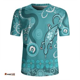 Australia Goanna Aboriginal V-Neck Rugby Jerseys - Indigenous Dot Goanna (Teal Blue) V-Neck Rugby Jerseys