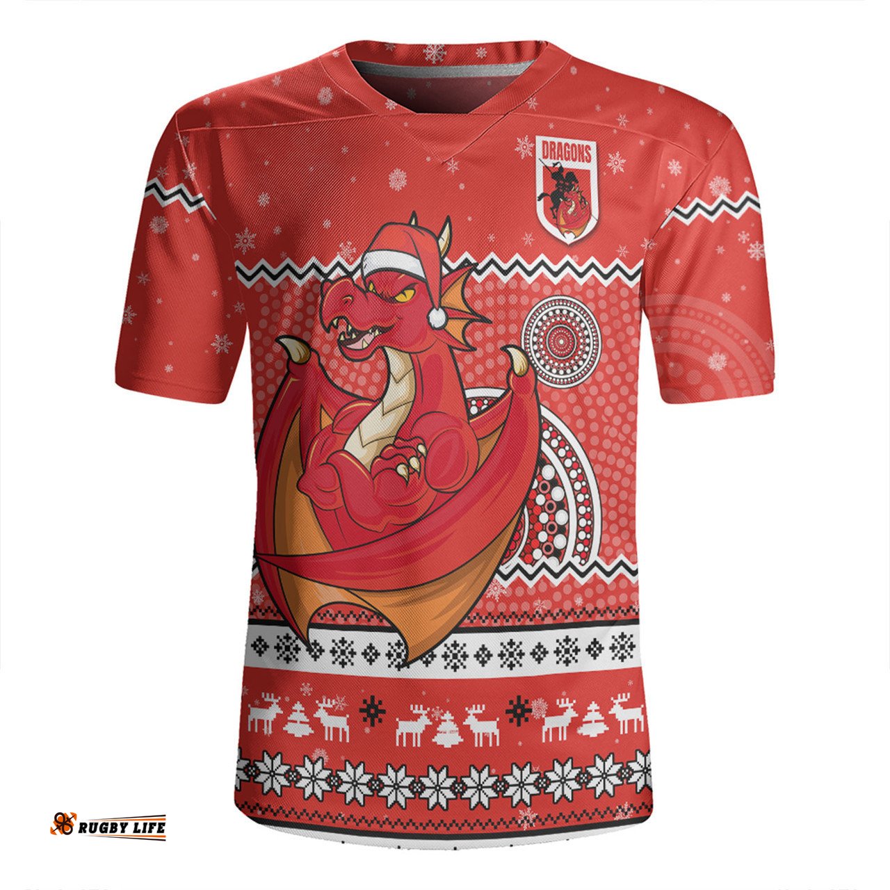 St. George Illawarra Dragons Christmas Custom V-Neck Rugby Jerseys - Ugly Xmas And Aboriginal Patterns For Die Hard Fan V-Neck Rugby Jerseys