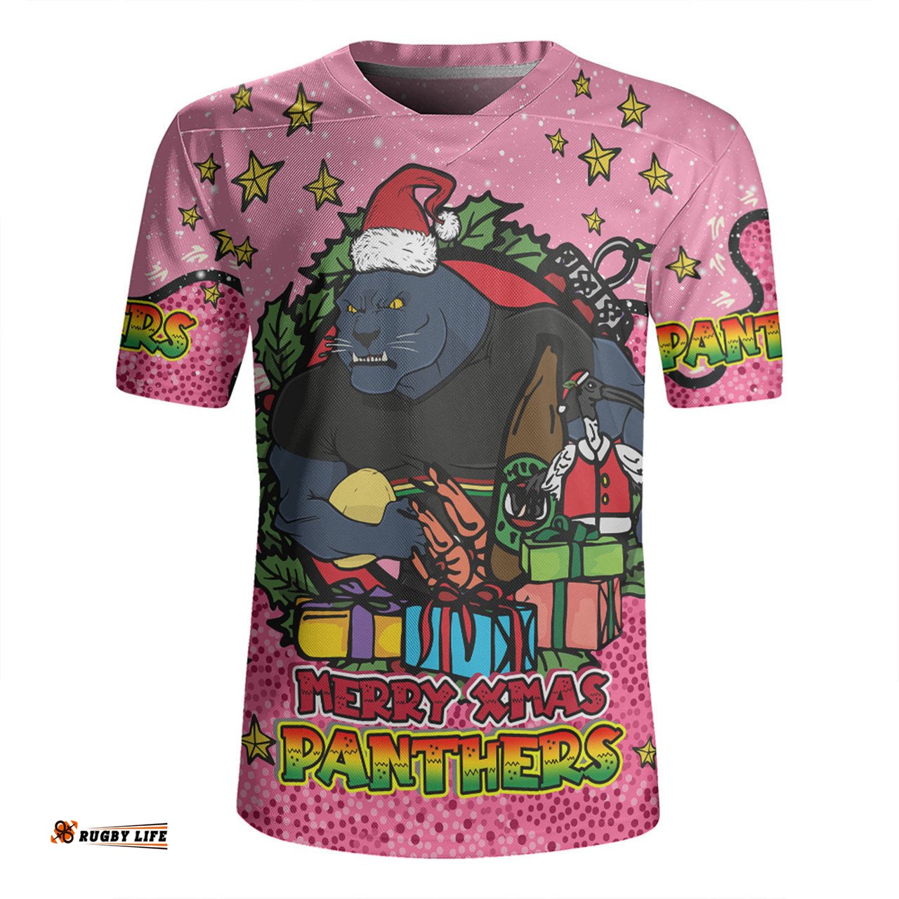 Penrith Panthers Christmas Custom V-Neck Rugby Jerseys - Merry Christmas Our Beloved Team With Aboriginal Dot Art Pattern V2 V-Neck Rugby Jerseys