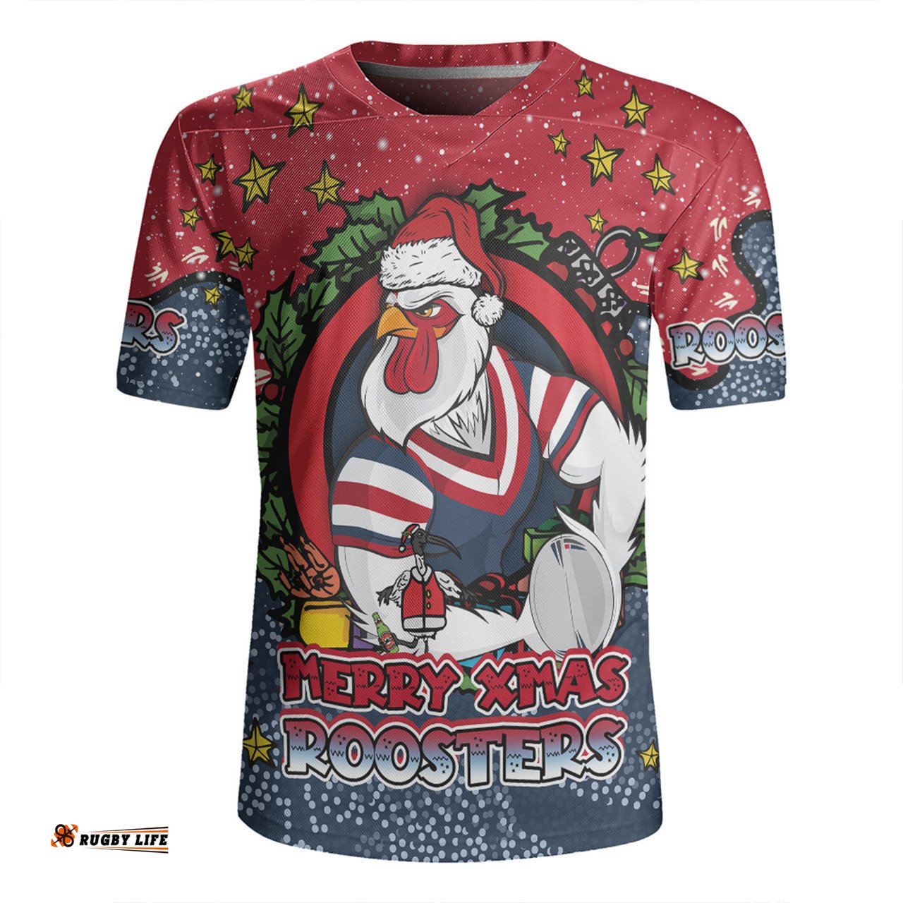 Sydney Roosters Christmas Custom V-Neck Rugby Jerseys - Merry Christmas Our Beloved Team With Aboriginal Dot Art Pattern V-Neck Rugby Jerseys