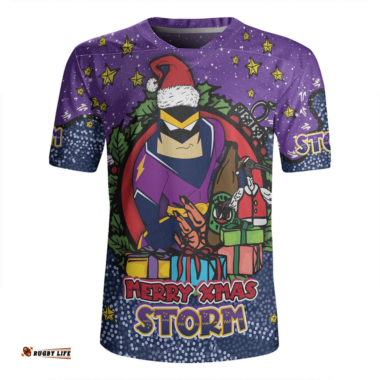 Melbourne Storm Christmas Custom V-Neck Rugby Jerseys - Merry Christmas Our Beloved Team With Aboriginal Dot Art Pattern V-Neck Rugby Jerseys