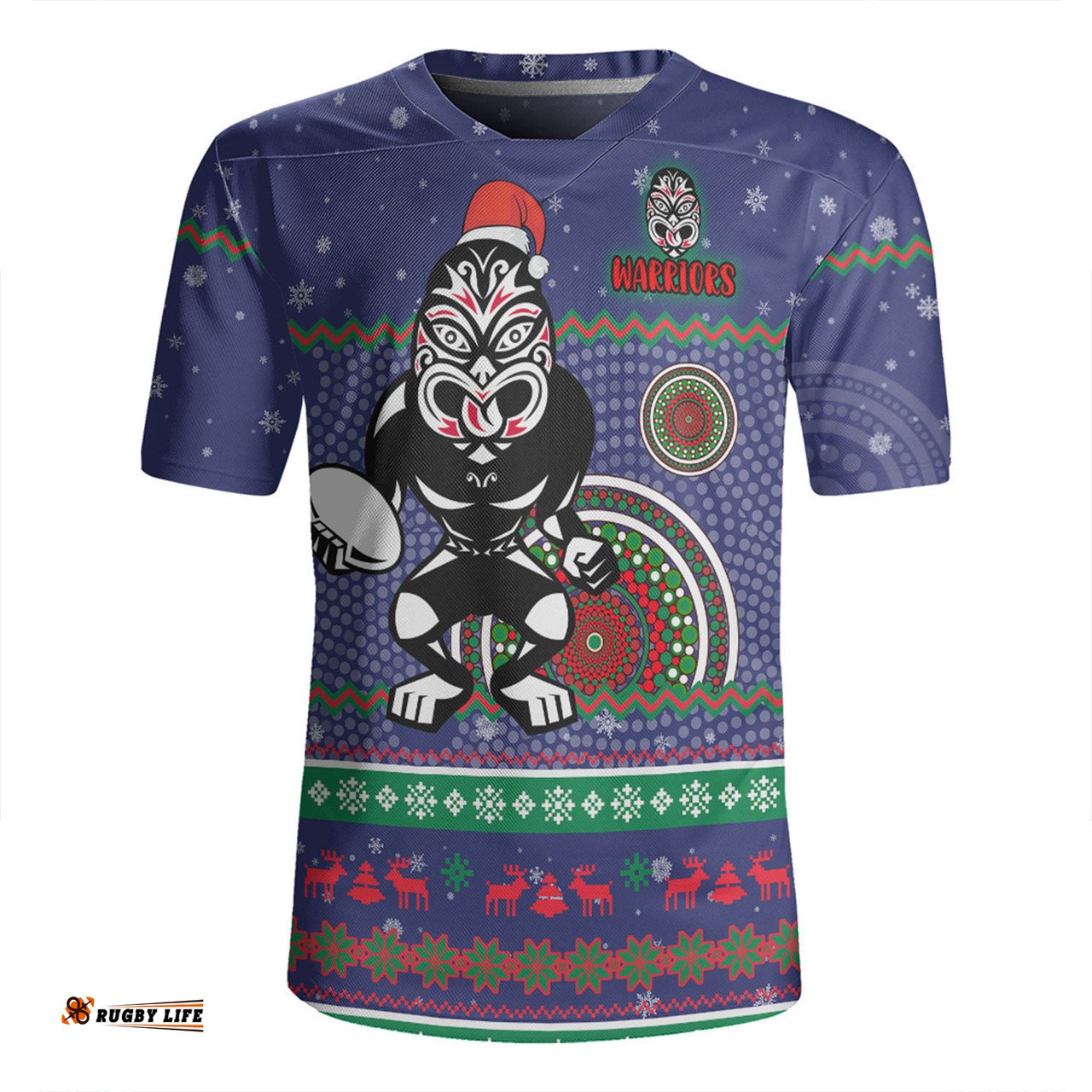 New Zealand Warriors Christmas Custom V-Neck Rugby Jerseys - Ugly Xmas And Aboriginal Patterns For Die Hard Fan V-Neck Rugby Jerseys