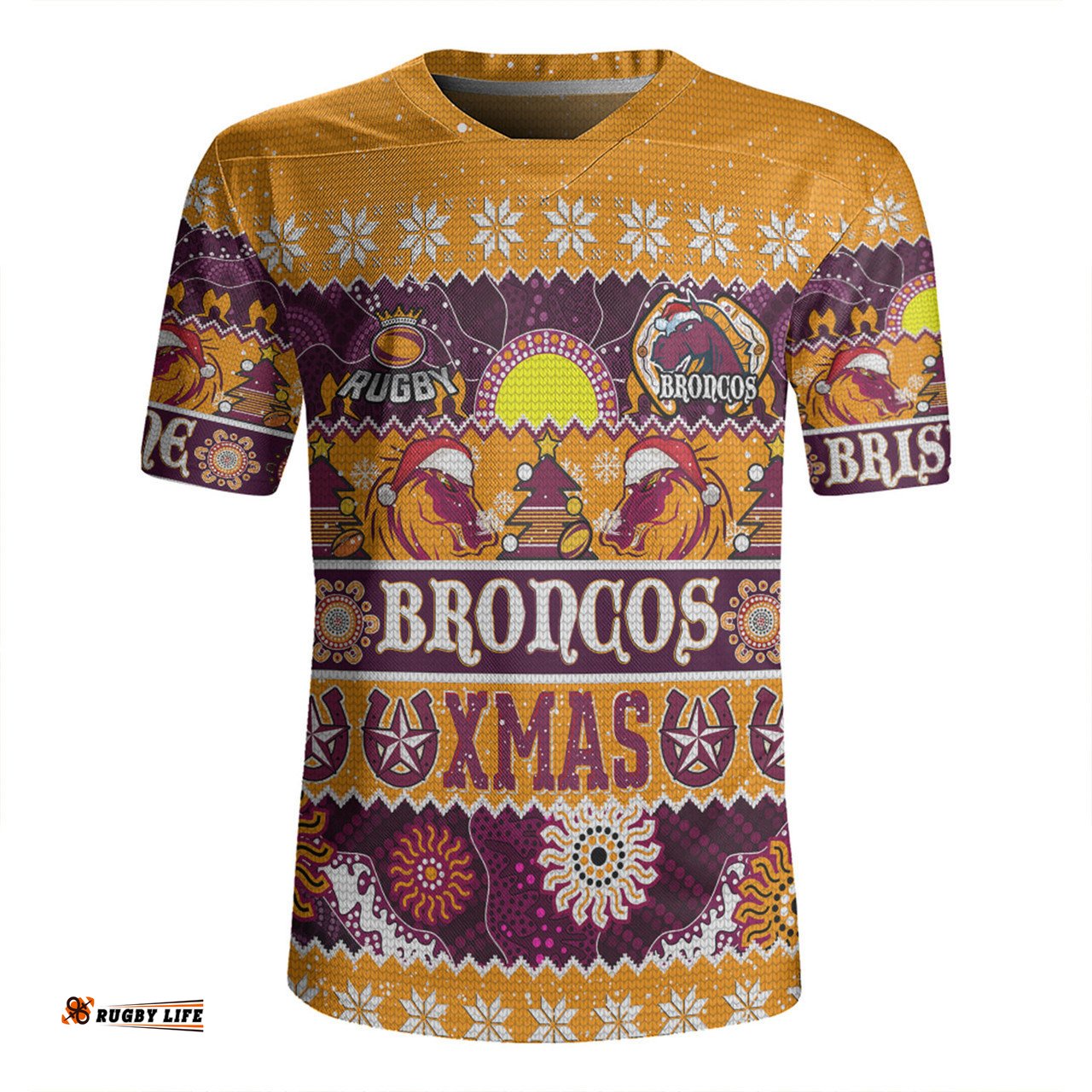 Brisbane Broncos Christmas Aboriginal Custom V-Neck Rugby Jerseys - Indigenous Knitted Ugly Xmas Style V-Neck Rugby Jerseys