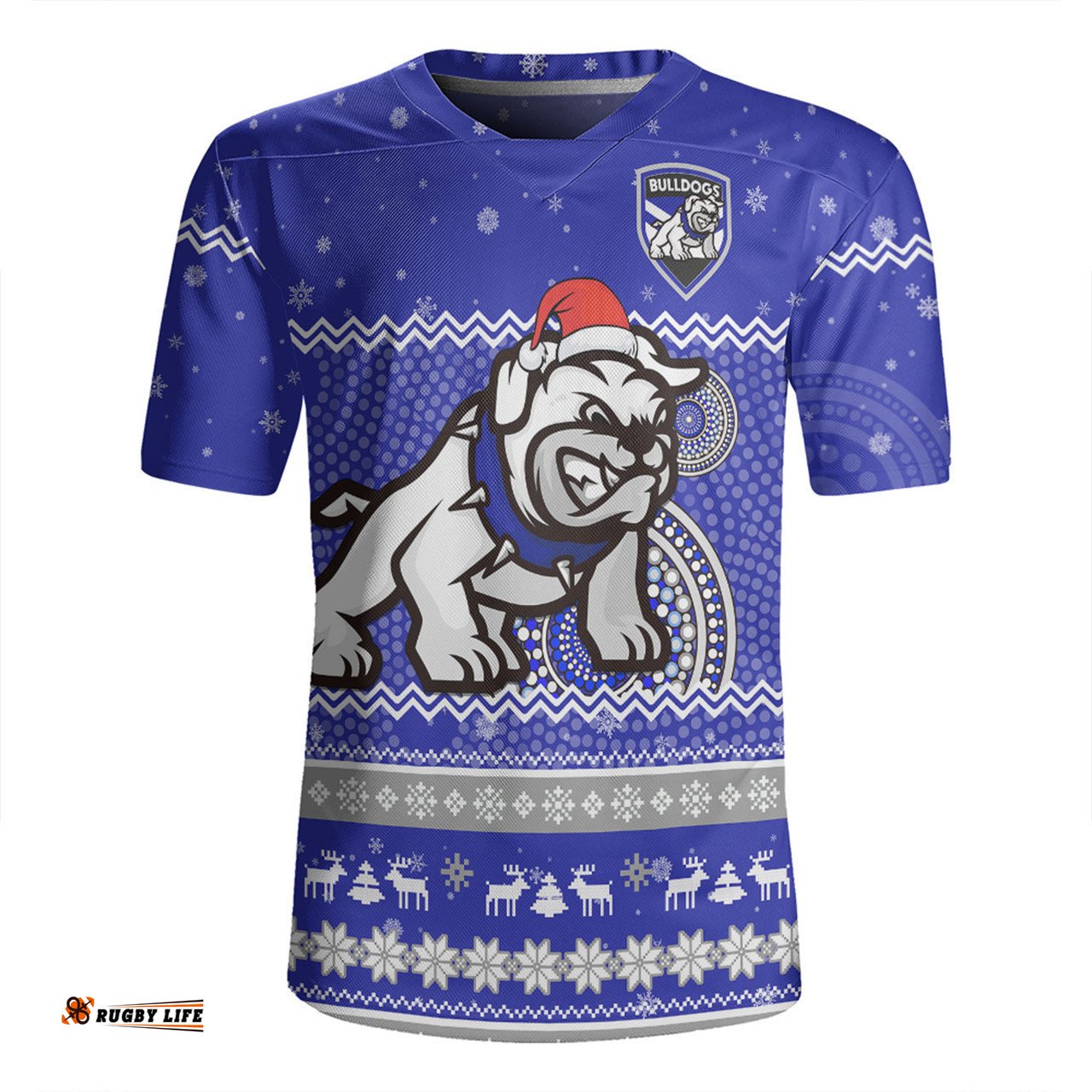 Canterbury-Bankstown Bulldogs Christmas Custom V-Neck Rugby Jerseys - Ugly Xmas And Aboriginal Patterns For Die Hard Fan V-Neck Rugby Jerseys