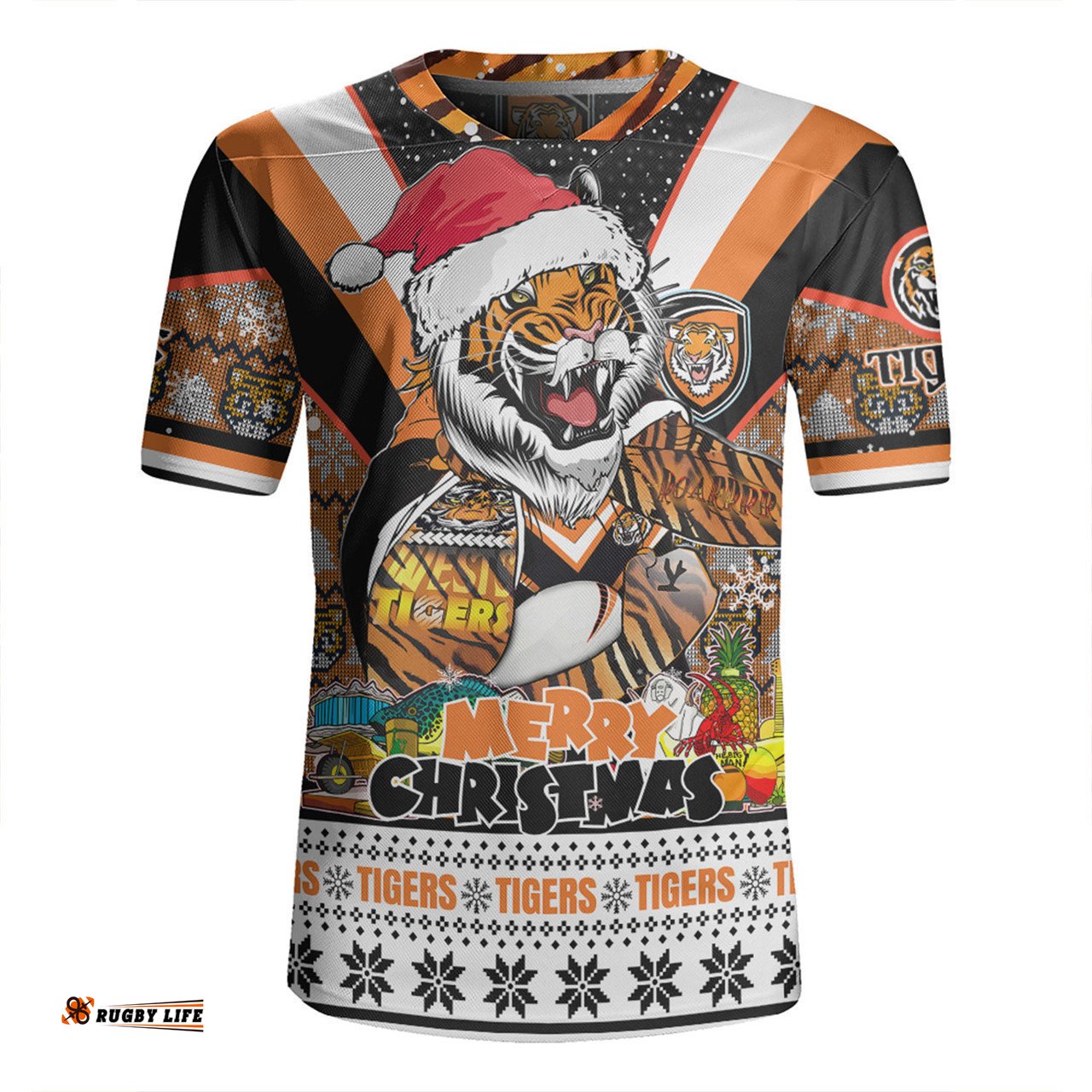 Wests Tigers Christmas Custom V-Neck Rugby Jerseys - Tigers Santa Aussie Big Things V-Neck Rugby Jerseys