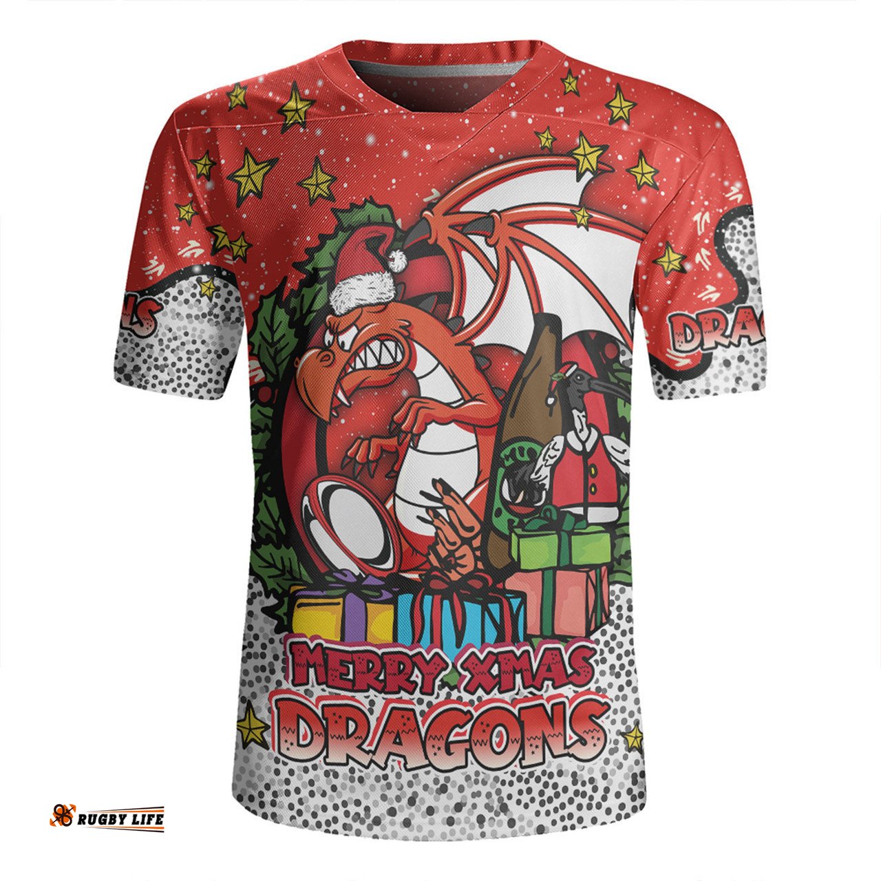 St. George Illawarra Dragons Christmas Custom V-Neck Rugby Jerseys - Merry Christmas Our Beloved Team With Aboriginal Dot Art Pattern V-Neck Rugby Jerseys