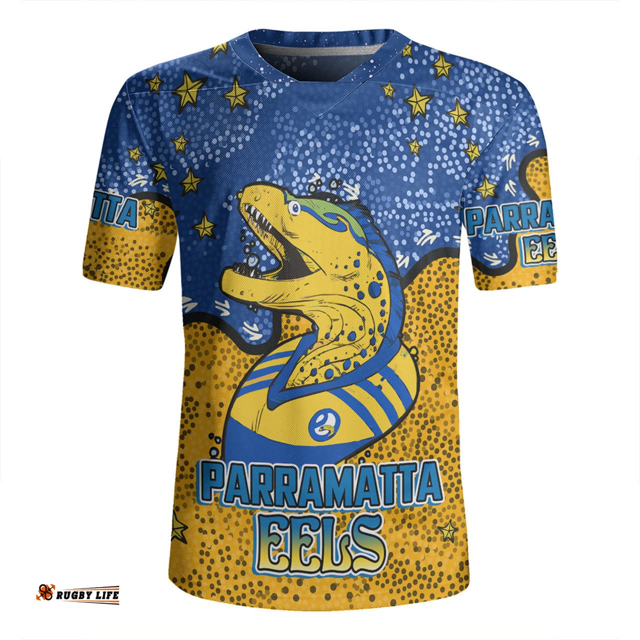 Parramatta Eels Custom V-Neck Rugby Jerseys - Team With Dot And Star Patterns For Tough Fan V-Neck Rugby Jerseys