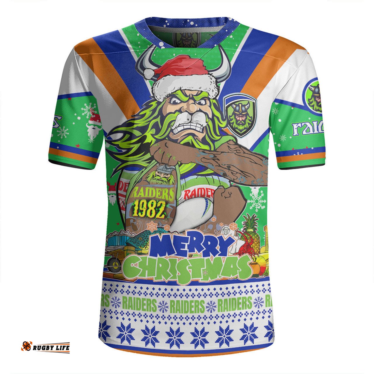 Canberra Raiders Christmas Custom V-Neck Rugby Jerseys - Canberra Viking Santa Aussie Big Things V-Neck Rugby Jerseys