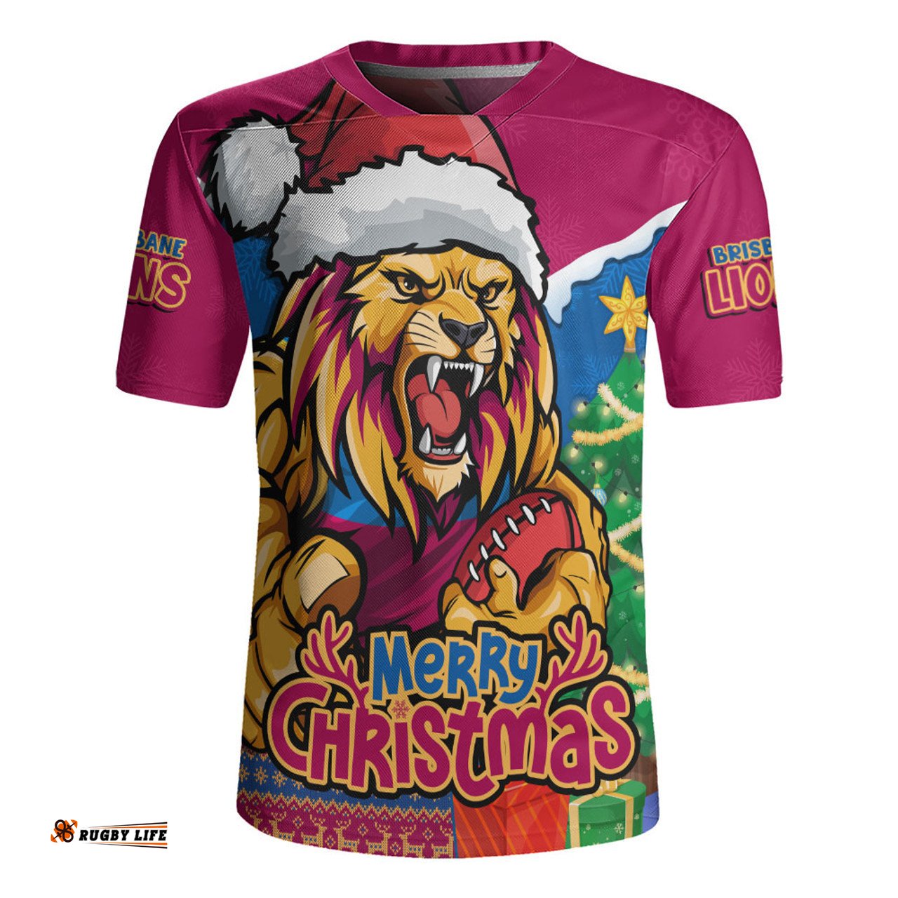 Brisbane Lions Santa Scoring Touchdown On Christmas Game Day Rugby Jersey