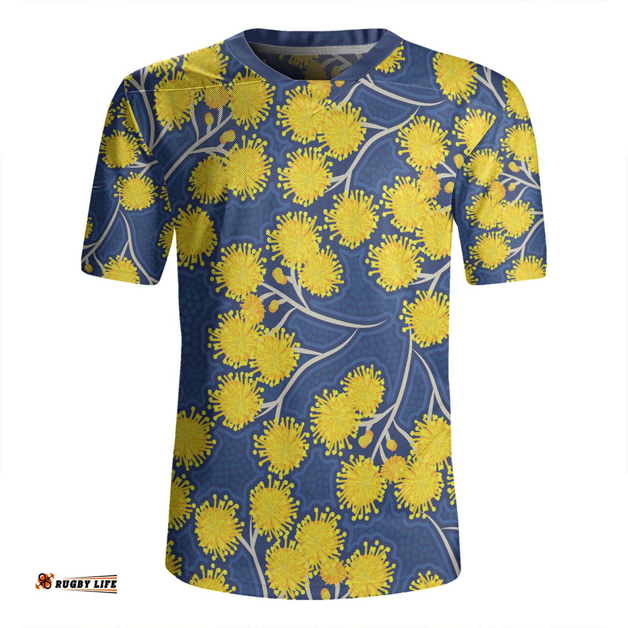 Australia Flowers Aboriginal Yellow Wattle Flowers With Aboriginal Dot Art Rugby Jersey