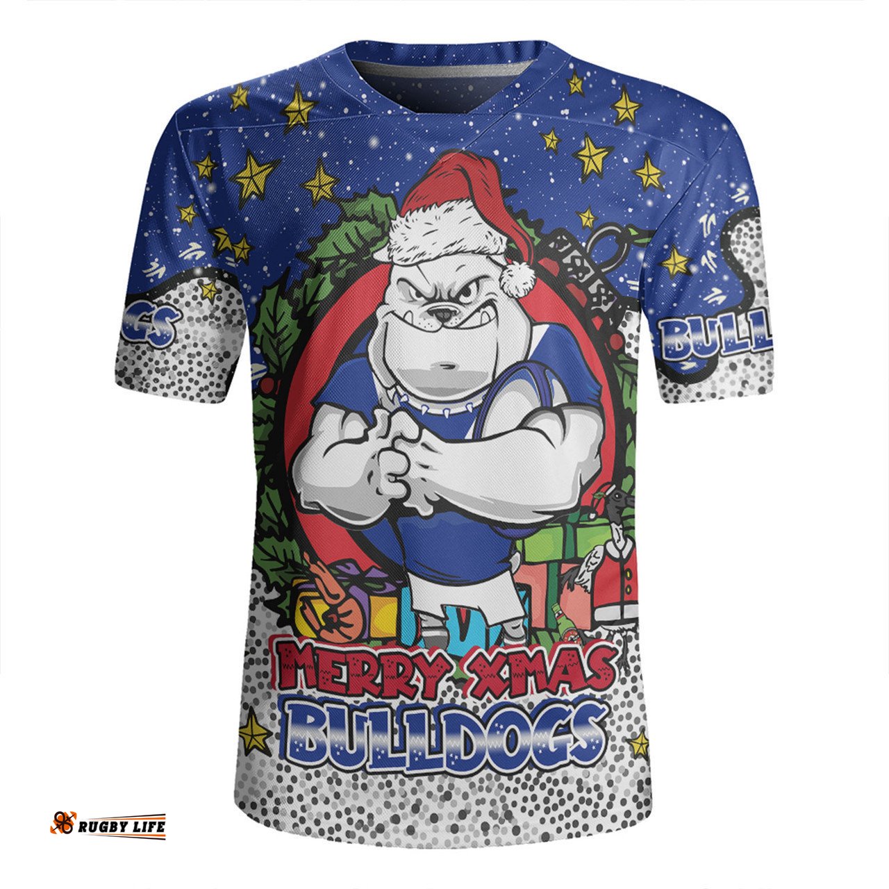 Canterbury-Bankstown Bulldogs Christmas Custom V-Neck Rugby Jerseys - Merry Christmas Our Beloved Team With Aboriginal Dot Art Pattern V-Neck Rugby Jerseys
