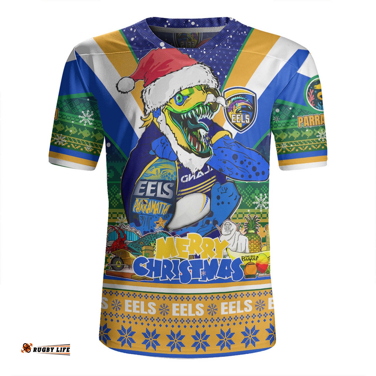 Parramatta Eels Christmas Custom V-Neck Rugby Jerseys - Parramatta Eels Santa Aussie Big Things Christmas V-Neck Rugby Jerseys