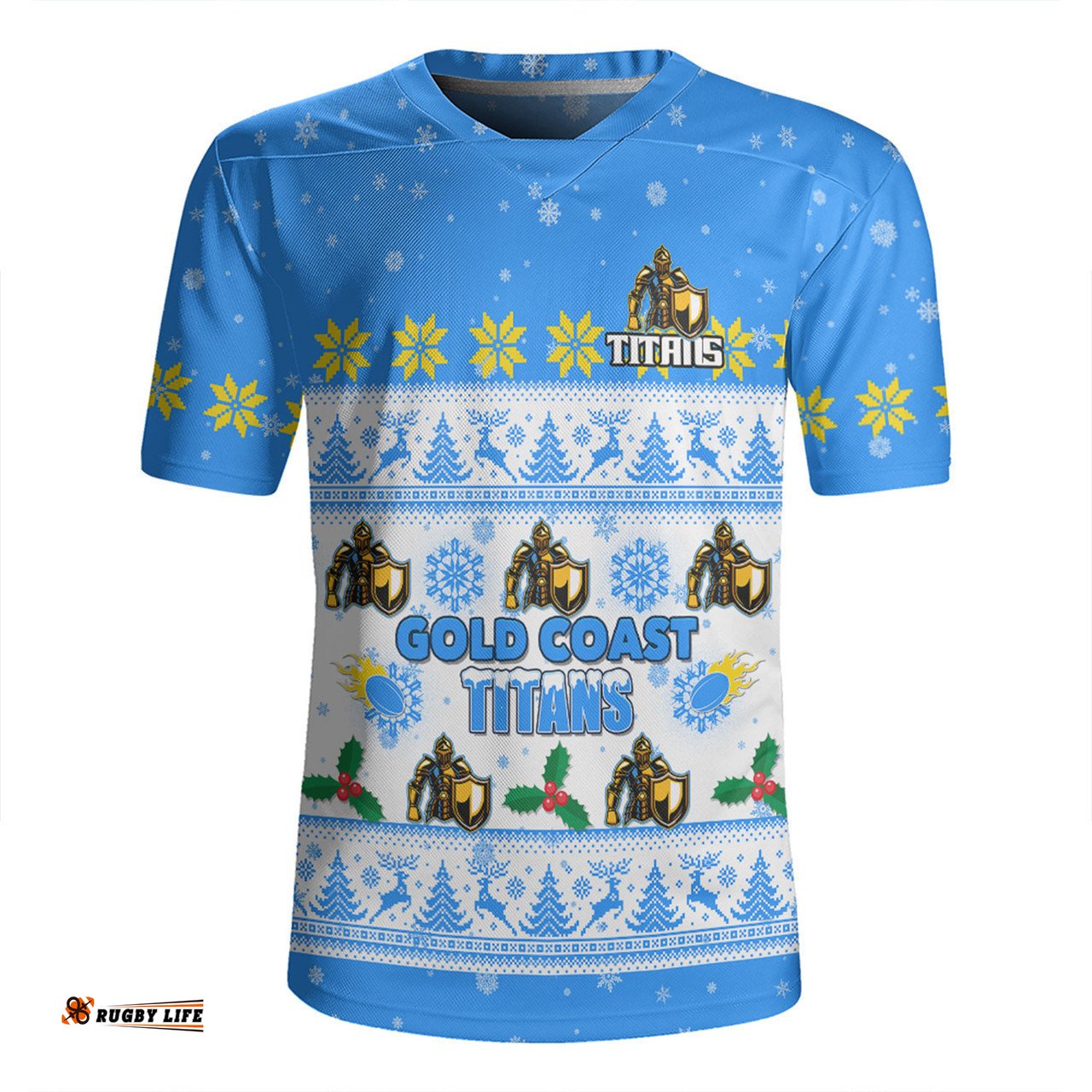 Gold Coast Titans Christmas Custom V-Neck Rugby Jerseys - Special Ugly Christmas V-Neck Rugby Jerseys