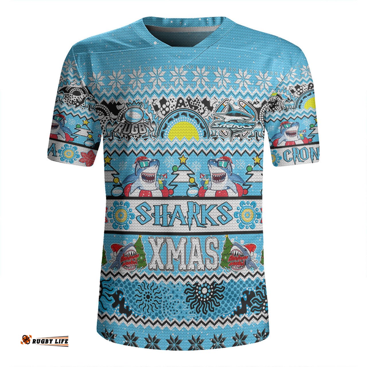 Cronulla-Sutherland Sharks Christmas Aboriginal Custom V-Neck Rugby Jerseys - Indigenous Knitted Ugly Xmas Style V-Neck Rugby Jerseys