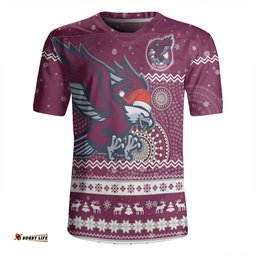 Manly Warringah Sea Eagles Christmas Custom V-Neck Rugby Jerseys - Ugly Xmas And Aboriginal Patterns For Die Hard Fan V-Neck Rugby Jerseys