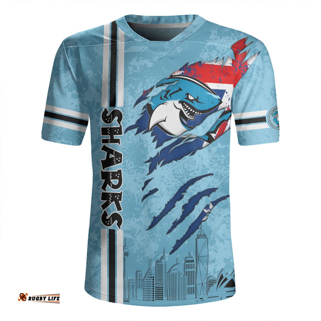 Cronulla-Sutherland Sharks V-Neck Rugby Jerseys - Happy Australia Day Flag Scratch Style