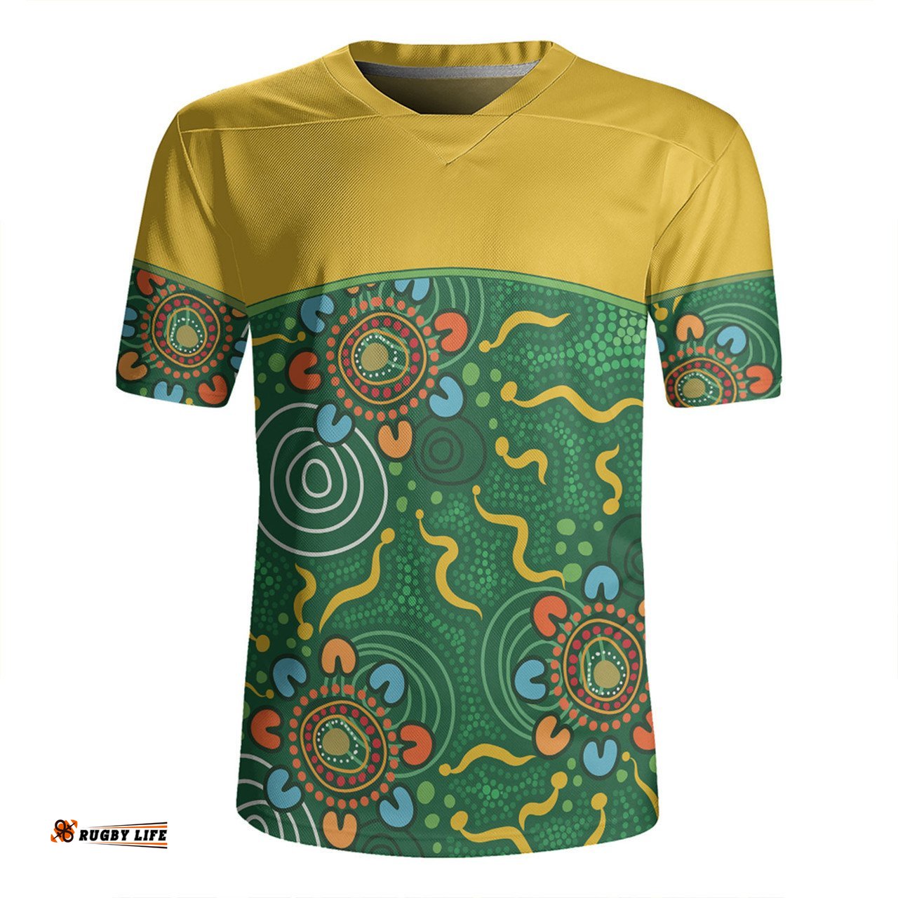 Australia Aboriginal Custom V-Neck Rugby Jerseys - Green Painting With Aboriginal Inspired Dot V-Neck Rugby Jerseys