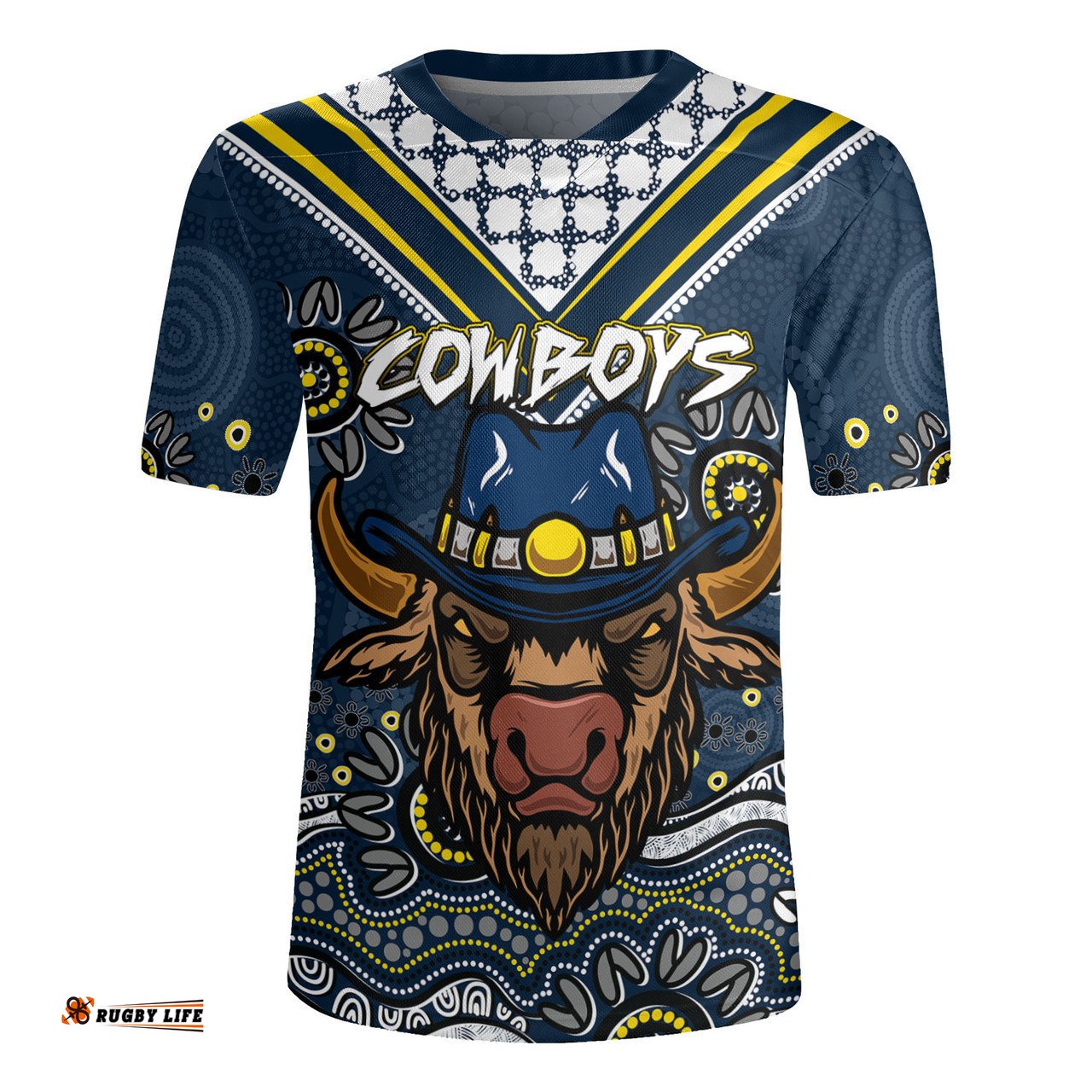 North Queensland Cowboys V-Neck Rugby Jerseys - Custom Blue North Queensland Cowboys Blooded Aboriginal Inspired