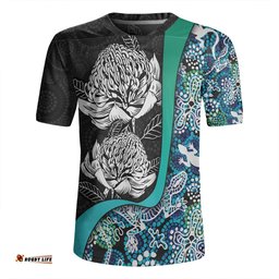 Australia Warratah Goanna Aboriginal V-Neck Rugby Jerseys - Waratah Flowers With Blue Lizards, Stones, Sand Dot Art Painting Inspired V-Neck Rugby Jerseys