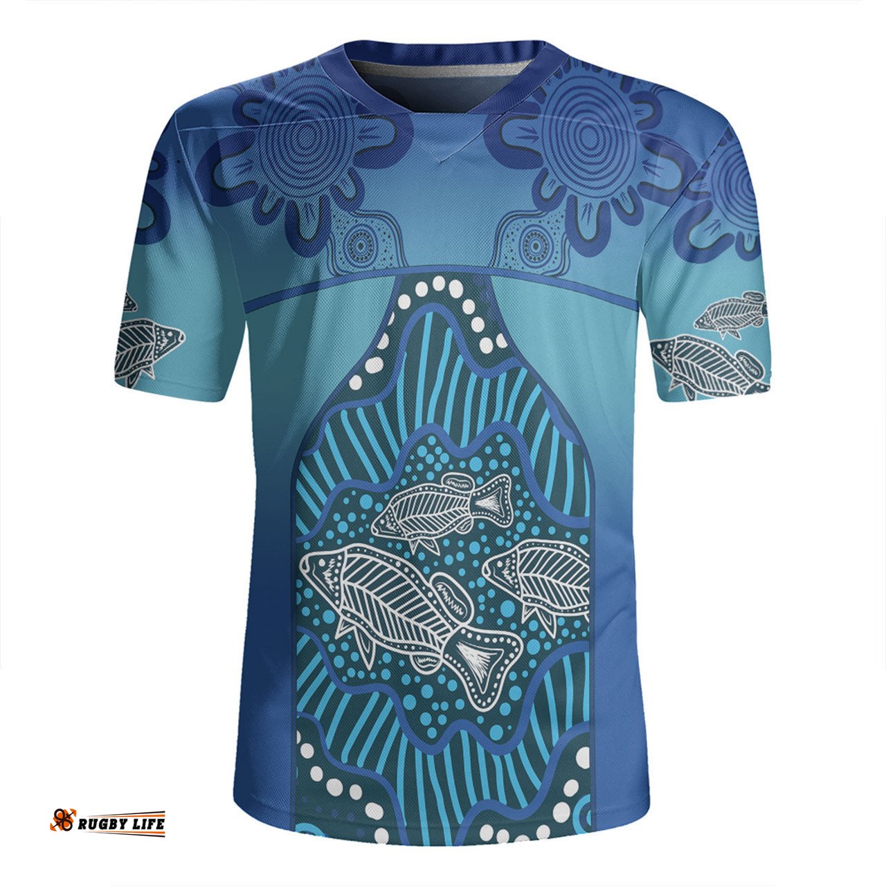 Australia Aboriginal Custom V-Neck Rugby Jerseys - Blue Aboriginal Dot With Fish V-Neck Rugby Jerseys