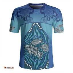 Australia Aboriginal Custom V-Neck Rugby Jerseys - Blue Aboriginal Dot With Fish V-Neck Rugby Jerseys