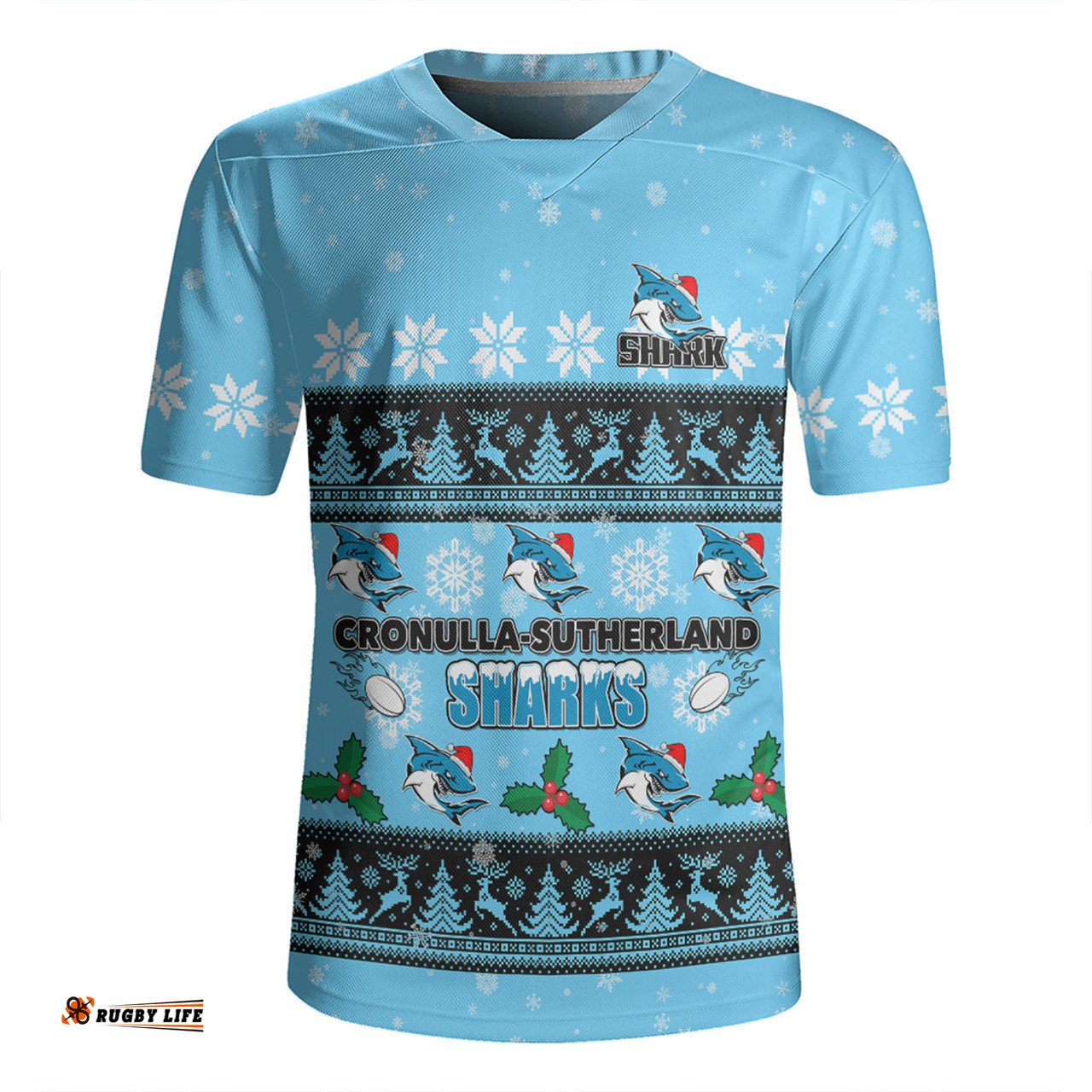 Cronulla-Sutherland Sharks Christmas Custom V-Neck Rugby Jerseys - Special Ugly Christmas V-Neck Rugby Jerseys