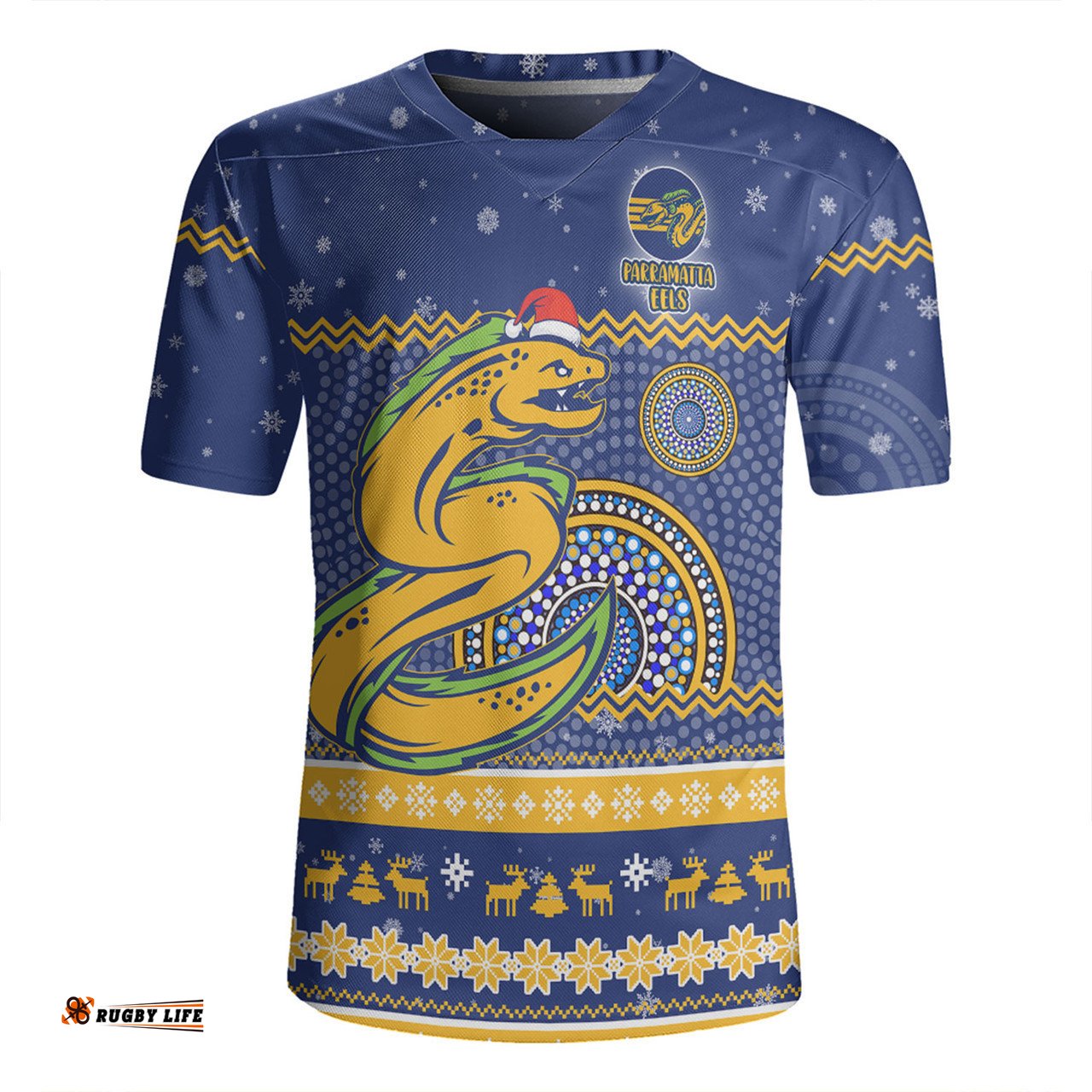 Parramatta Eels Christmas Custom V-Neck Rugby Jerseys - Ugly Xmas And Aboriginal Patterns For Die Hard Fan V-Neck Rugby Jerseys
