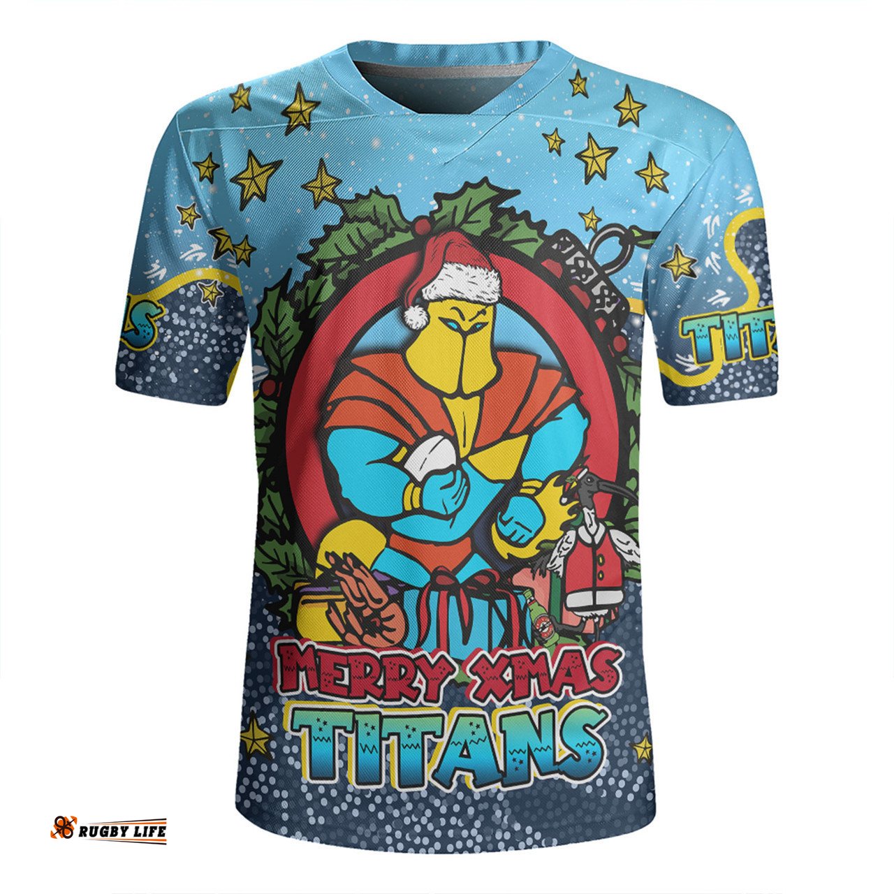 Gold Coast Titans Christmas Custom V-Neck Rugby Jerseys - Merry Christmas Our Beloved Team With Aboriginal Dot Art Pattern V-Neck Rugby Jerseys