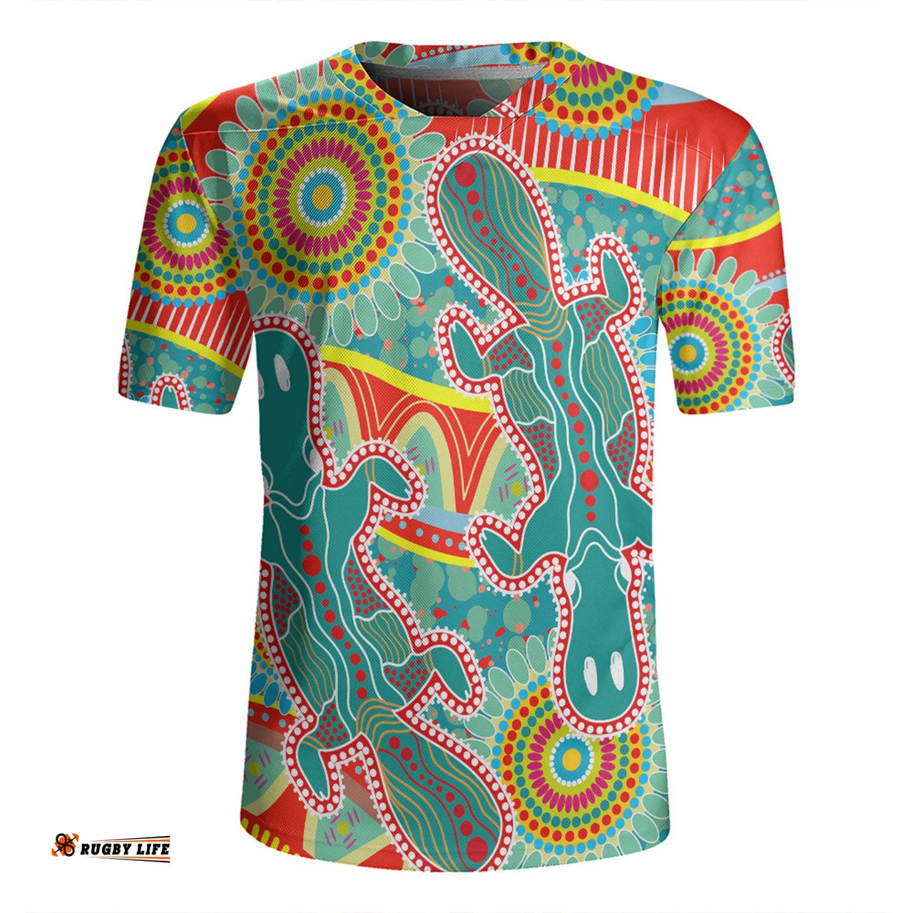 Australia Platypus Aboriginal V-Neck Rugby Jerseys - Green Platypus With Aboriginal Art Dot Painting Patterns Inspired V-Neck Rugby Jerseys