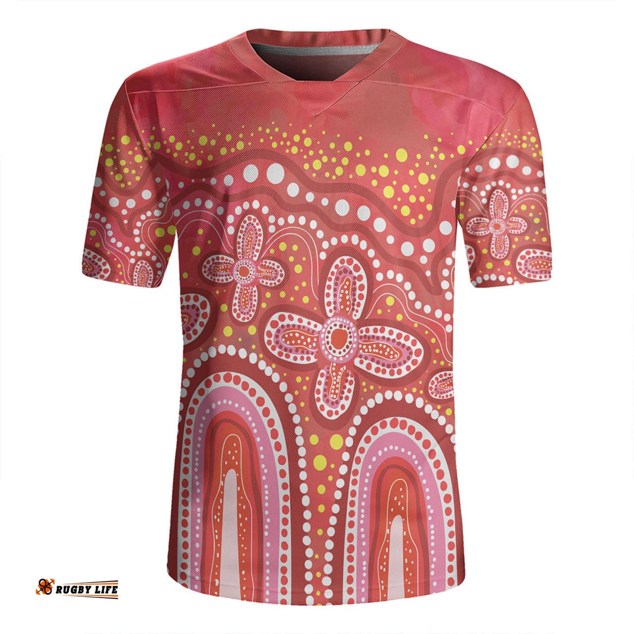 Australia Aboriginal V-Neck Rugby Jerseys - Dot painting illustration in Aboriginal style Red V-Neck Rugby Jerseys