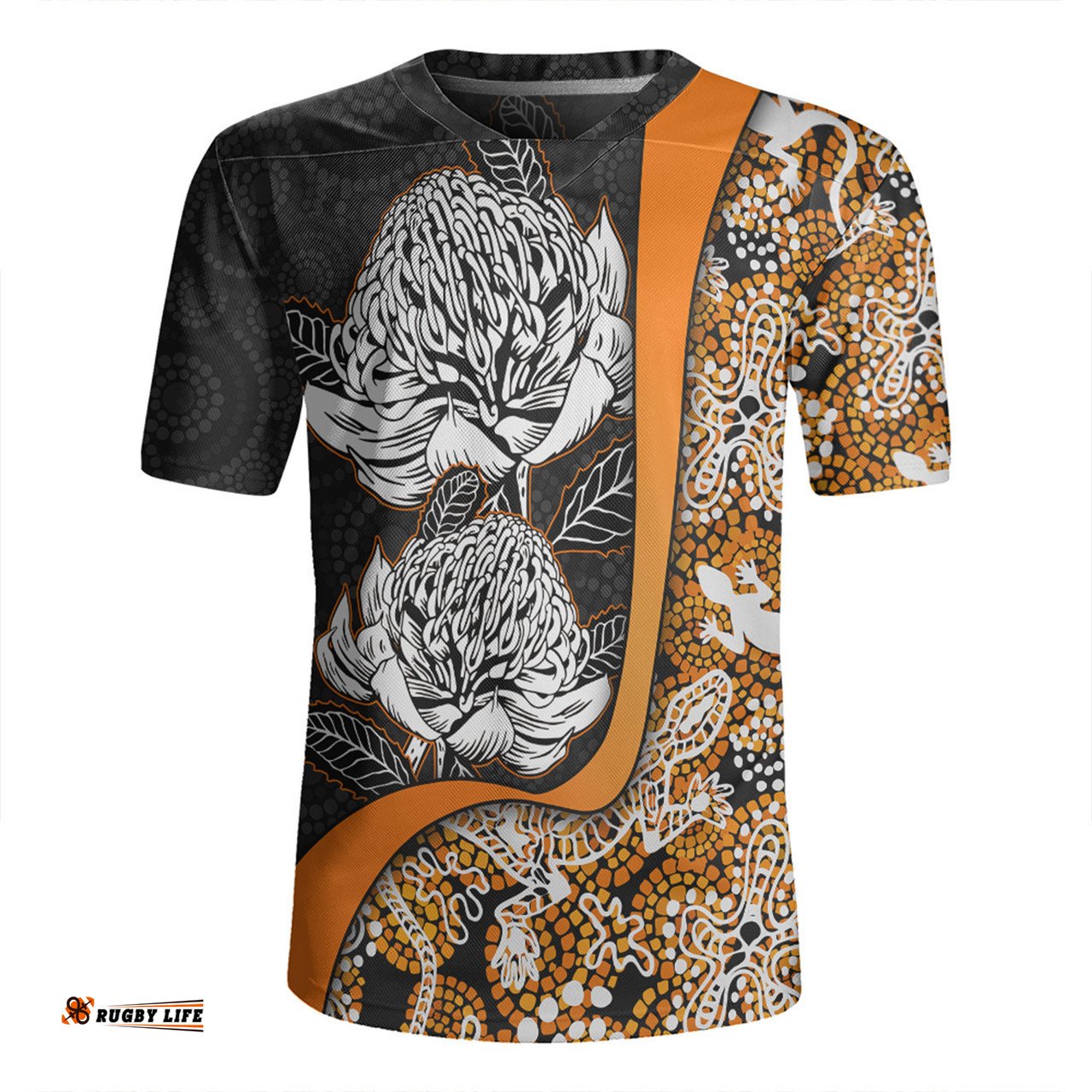 Australia Warratah Goanna Aboriginal V-Neck Rugby Jerseys - Waratah Flowers With Orange Lizards, Stones, Sand Dot Art Painting Inspired V-Neck Rugby Jerseys