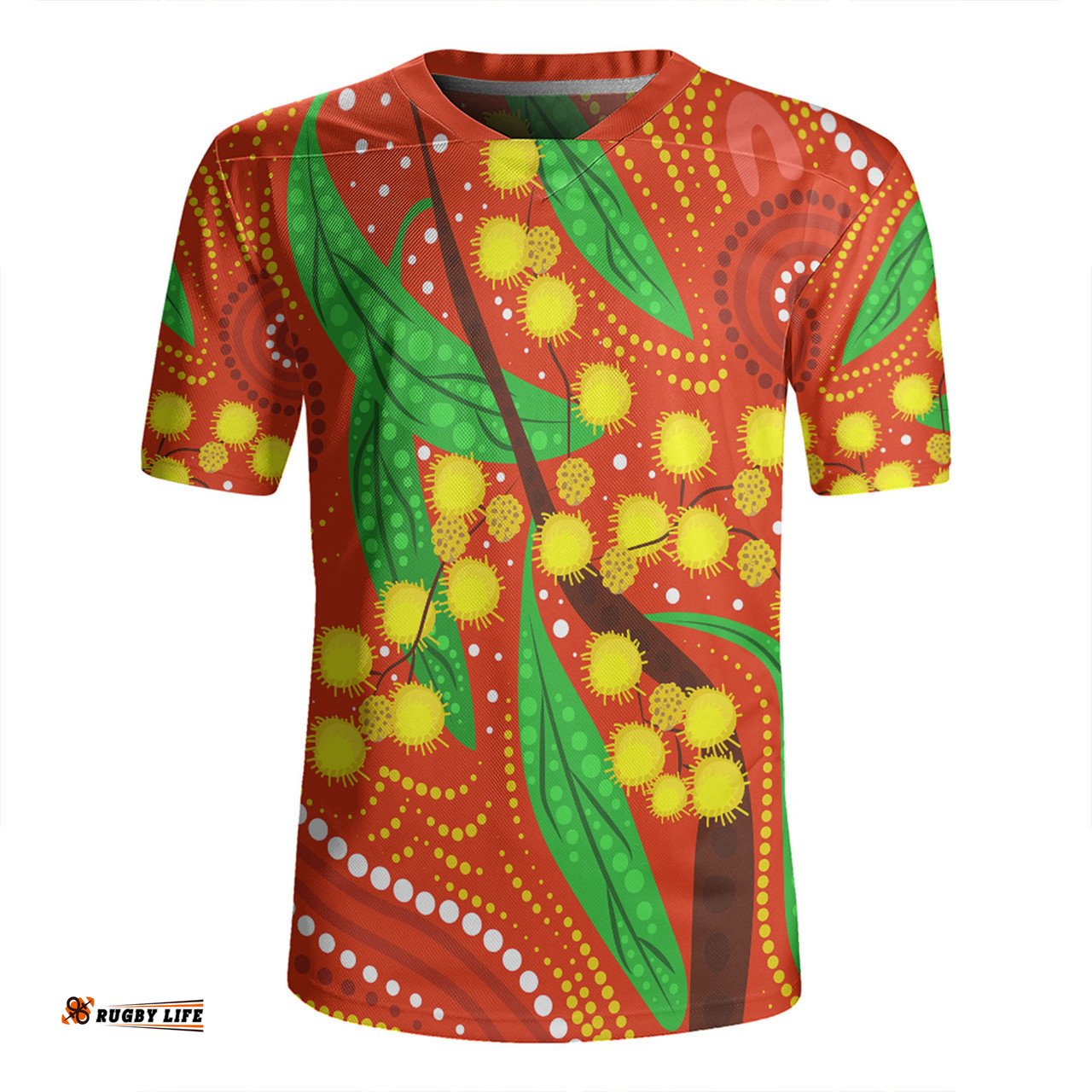Australia Aboriginal V-Neck Rugby Jerseys - Aboriginal Dot Art Of Australian Yellow Wattle Painting V-Neck Rugby Jerseys