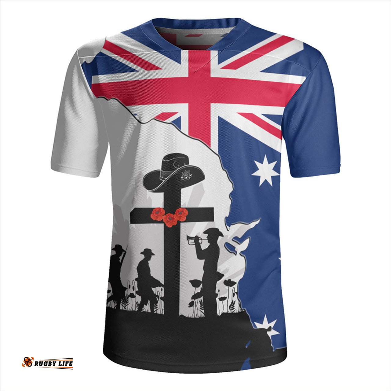Australia Anzac Day V-Neck Rugby Jerseys - Anzac Day With Map And Flag Australia V-Neck Rugby Jerseys
