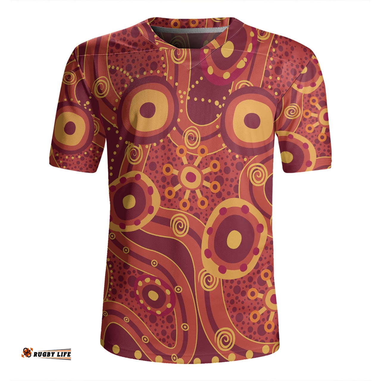 Australia Aboriginal V-Neck Rugby Jerseys - Red Aboriginal Dot Art Inspired V-Neck Rugby Jerseys