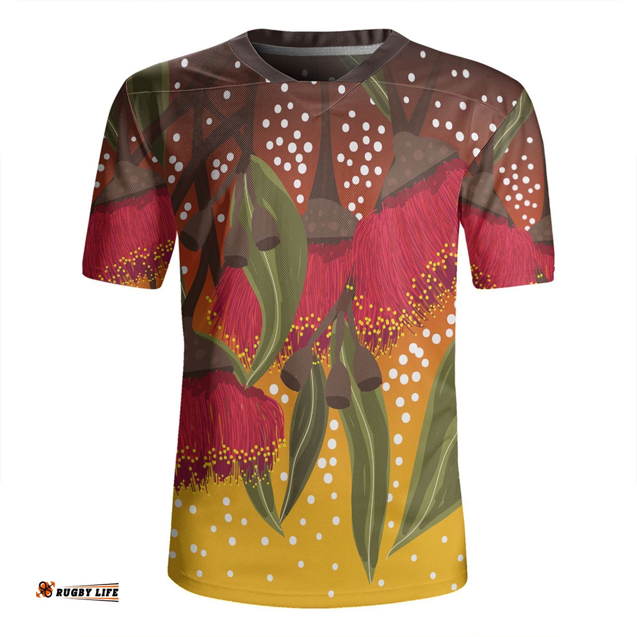 Australia Aboriginal V-Neck Rugby Jerseys - Red Eucalyptus Aboriginal Dot Art V-Neck Rugby Jerseys