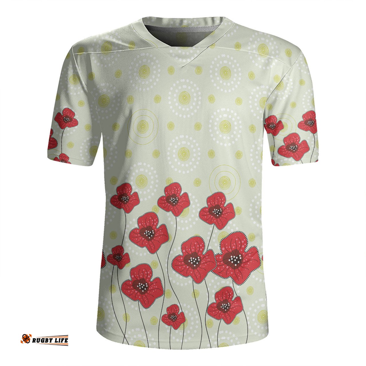 Australia Aboriginal V-Neck Rugby Jerseys - Poppy Flowers Background In Aboriginal Dot Art Style V-Neck Rugby Jerseys