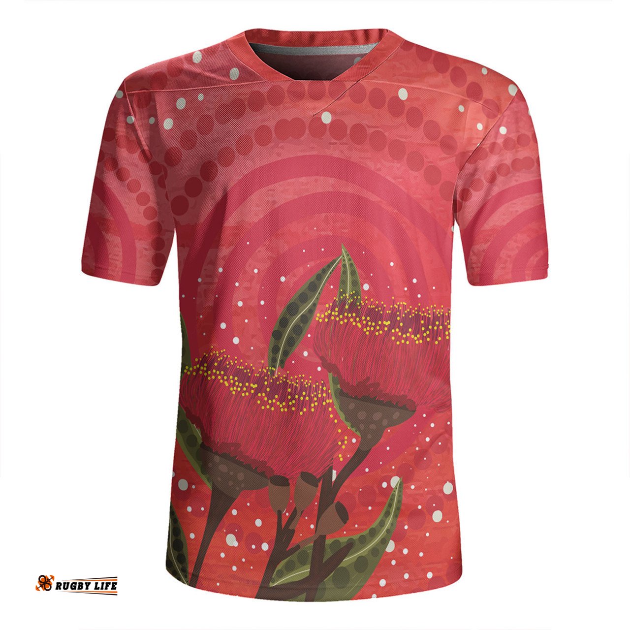 Australia Aboriginal V-Neck Rugby Jerseys - Red Aboriginal Art With Eucalyptus Flowers V-Neck Rugby Jerseys