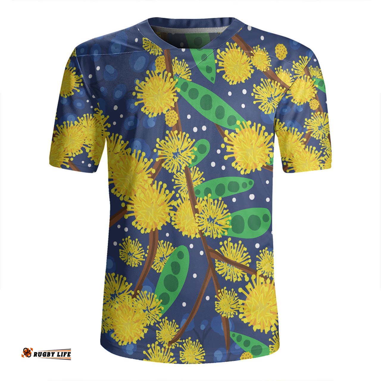 Australia Aboriginal V-Neck Rugby Jerseys - Australian Yellow Wattle Flower Artwork V-Neck Rugby Jerseys