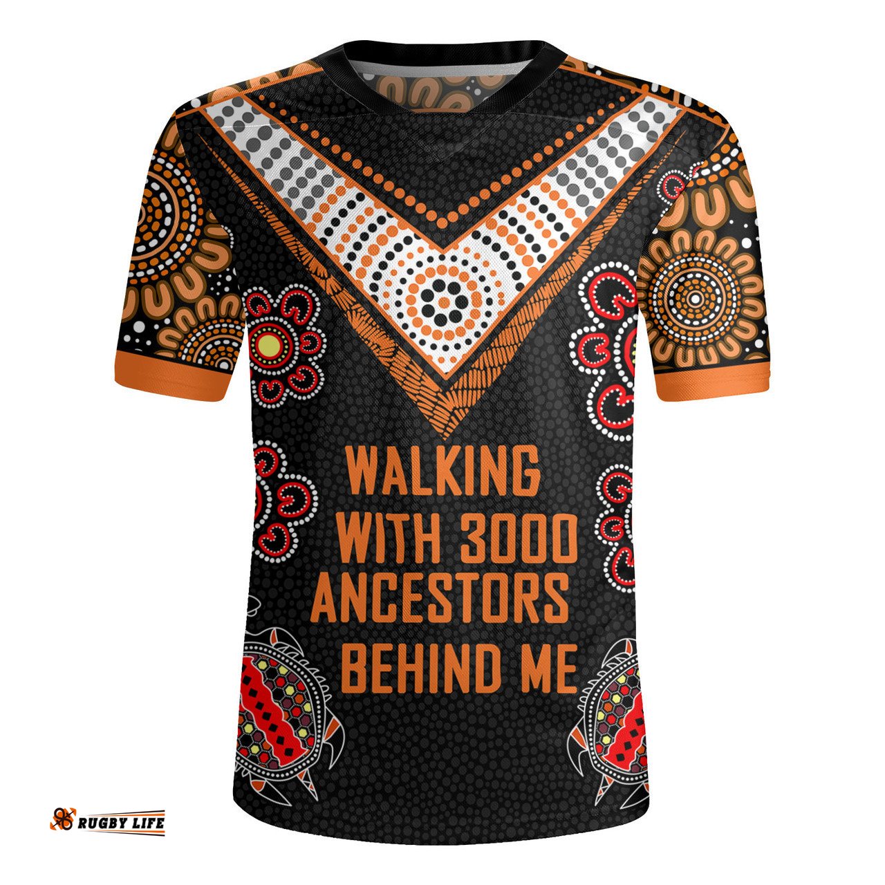 Australia Aboriginal V-Neck Rugby Jerseys - Walking with 3000 Ancestors Behind Me Black and Orange Patterns V-Neck Rugby Jerseys